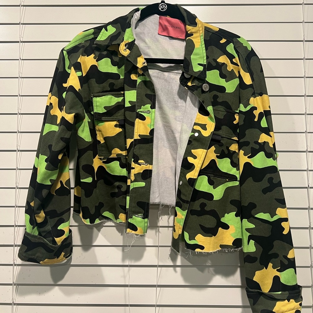 Camouflage Distressed Cropped Denim Jacket